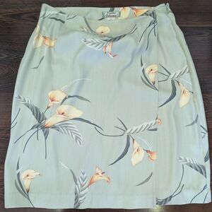 Tommy Bahama 100% Silk Wrap Skirt Sage Green Calla Lily Floral Tropical Size 10